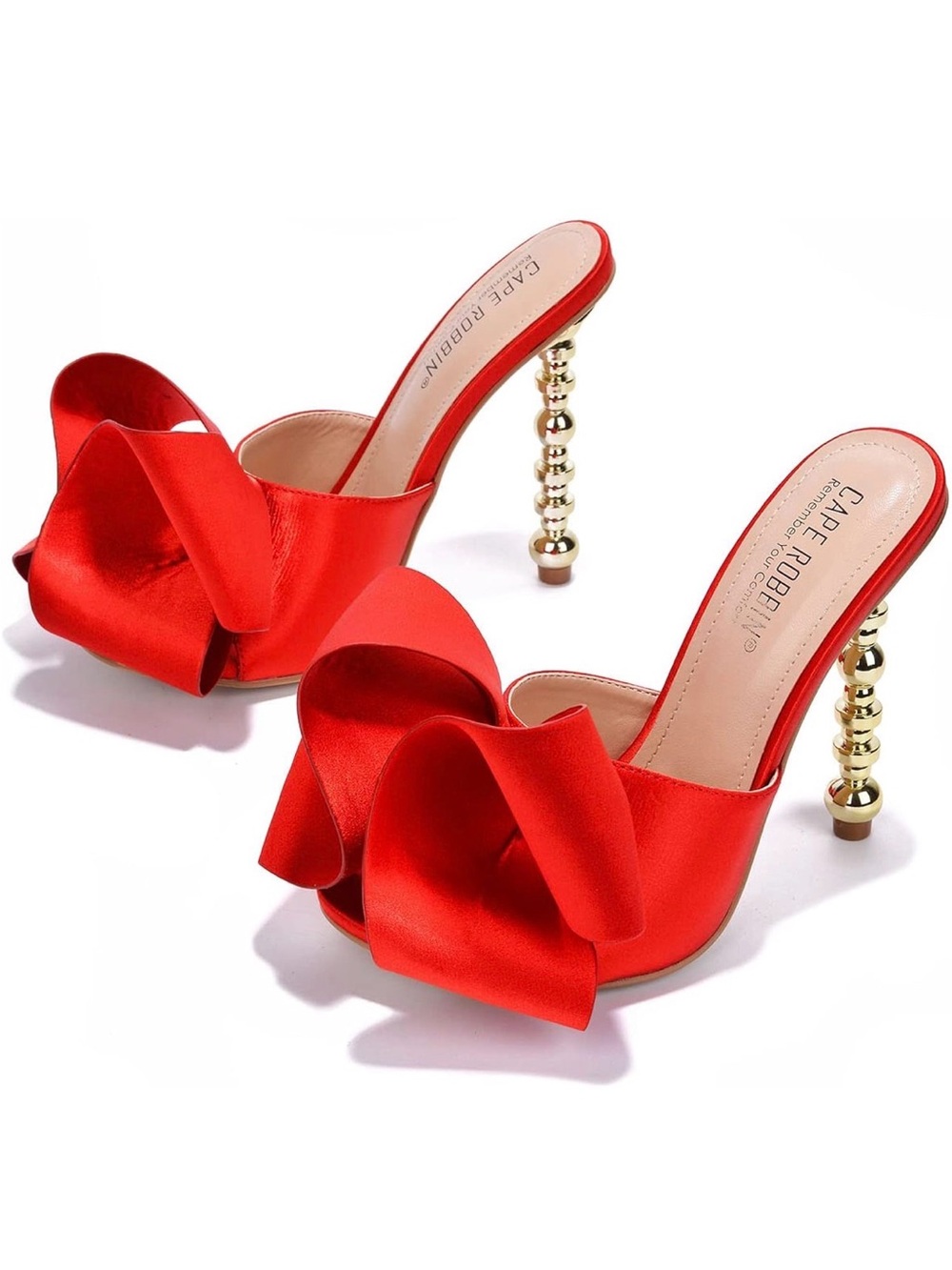 Women’s red oversized bow open toe heels with gold heel